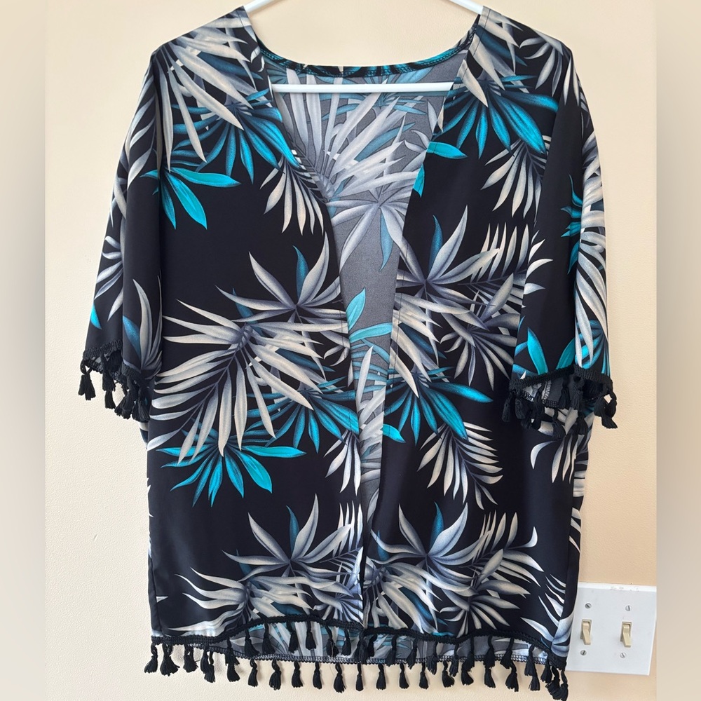 Tropical Black and Blue Kimono Cover-Up
